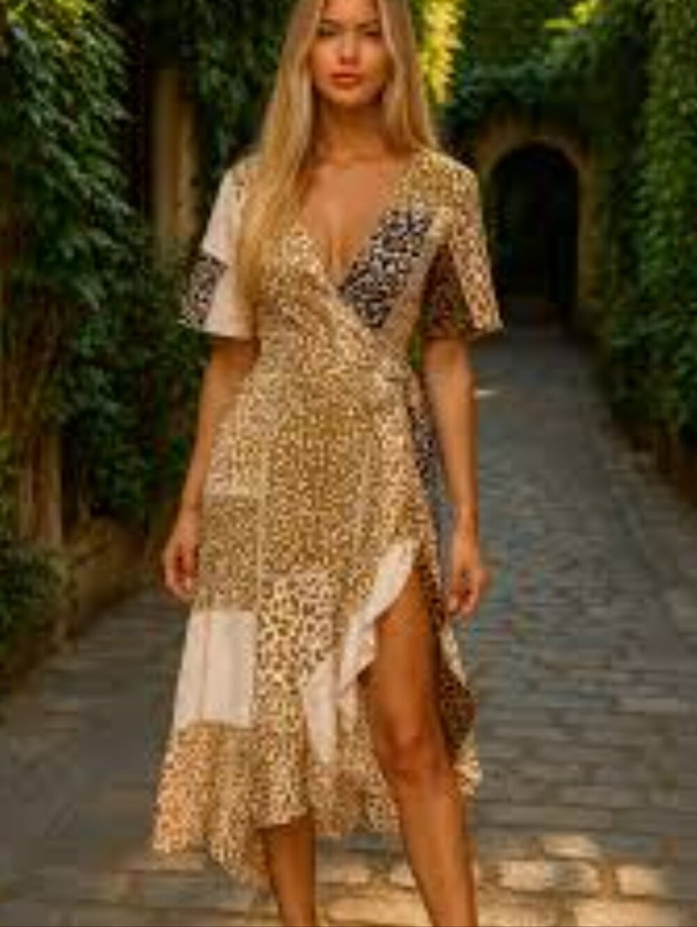 SHEIN Brown, White and Tan Leopard Patchwork High-Low Wrap Dress
